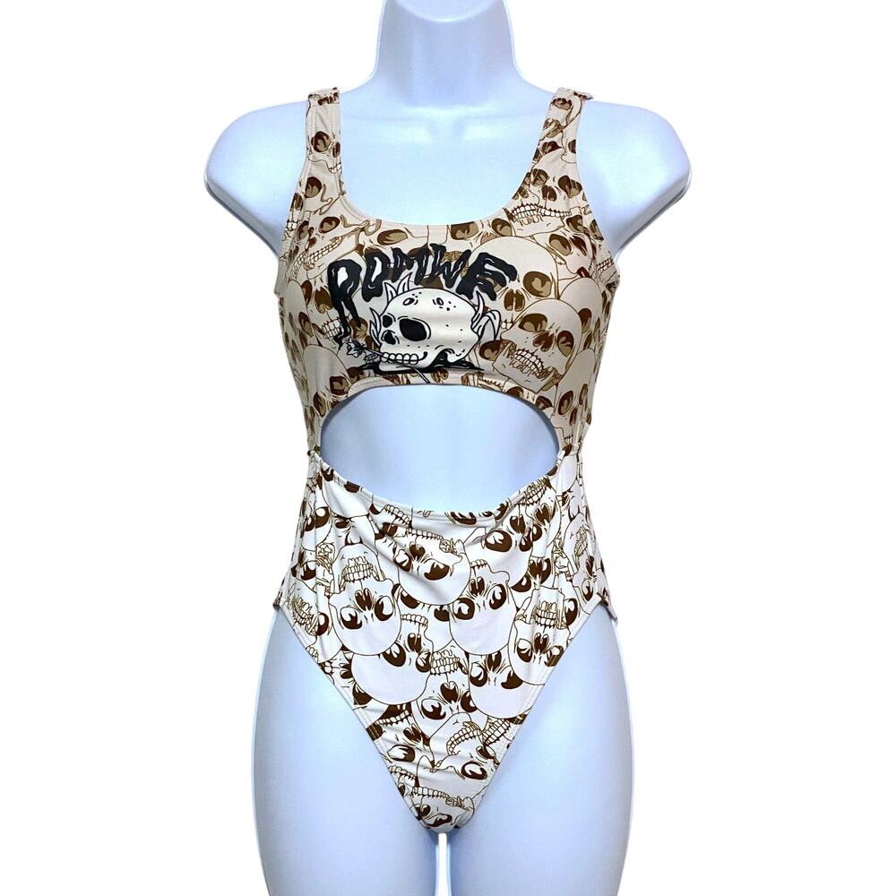 Romwe Skeleton Skull One Piece Swimsuit XS Goth Cut Out Grunge Whimsigoth Rocker
